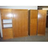 A GOLDEN OAK BEDROOM SET WITH WARDROBE, CUPBOARDS, DRAWERS AND DROP DOWN BED