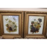 A PAIR OF PAINTINGS ON GLASS IN GILT FRAMES, 40 X 35 CM