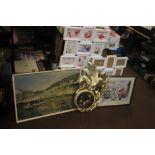 TWO PICTURE FRAMES TOGETHER WITH TWO PRINTS, A MIRROR AND A MODERN CLOCK