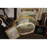 FOUR ASSORTED MIRRORS THE LARGEST 66 X 39 CM TOGETHER TWO PICTURES