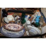 A TRAY OF CERAMICS AND GLASSWARE TO INCLUDE BLUE & WHITE (TRAY NOT INCLUDED)