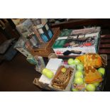 A QUANTITY OF SUNDRIES TO INCLUDE TENNIS BALLS, CAMPING STOVE, A CAMPING LANTERN ETC.