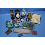 A QUANTITY OF COLLECTABLES TO INCLUDE RUSSIAN DOLLS, BOXED MINIATURE DIECAST PENCIL SHARPENERS,