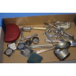 A QUANTITY OF WHITE METAL FLATWARE, COINS ETC.