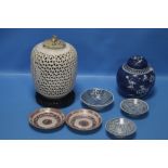 A CHINESE RETICULATED PORCELAIN LAMP BASE AND A QUANTITY OF OTHER ORIENTAL CERAMICS