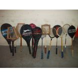 A SELECTION OF BADMINTON AND TENNIS RACQUETS