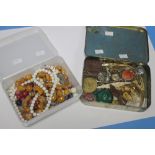 TWO SMALL TUBS OF COSTUME JEWELLERY TO INCLUDE NECKLACES, BRACELETS, WATCH FACES ETC.