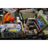 TWO TRAYS OF TOYS AND GAMES TO INCLUDE HARRY POTTER SCENE IT GAME, A STAR WARS REVERSABLE BELT, ETC.