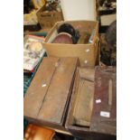 TWO VINTAGE WOODEN BOXES TOGETHER WITH A BOX OF SUNDRIES TO INCLUDE, A SMALL COLLECTION OF IRISH