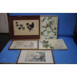 FIVE FRAMED AND GLAZED ORIENTAL PRINTS ONE A/F THE LARGEST 63 X 45 CM