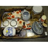 A TRAY OF ASSORTED COLLECTABLES TO INCLUDE STAFFORDSHIRE STYLE SPANIEL FIGURES, WALL MOUNTABLE