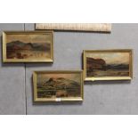 THREE ANTIQUE GILT FRAMED OIL ON CANVASS OF MOUNTAINOUS LAKE SCENES SIGNED T MOSS 1918