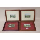 FOUR SMALL FRAMED AND GLAZED OIL PAINTINGS DEPICTING RURAL RIVER AND MOUNTAINOUS SCENES SIZE - 11.