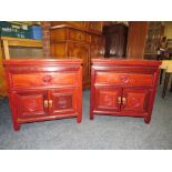 A PAIR OF HARDWOOD CHINESE STYLE LOW CABINETS H 51 CM, W 51 CM (2)