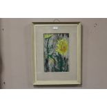 A VINTAGE FRAMED AND GLAZED OIL ON BOARD OF SUNFLOWERS, 23 CM BY 35 CM