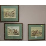 THREE FRAMED AND GLAZED HAND COLOURED HUNTING SCENE ENGRAVINGS