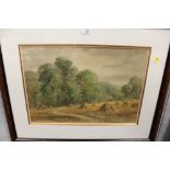 A FRAMED AND GLAZED WATERCOLOUR DEPICTING A RURAL SCENE, WITH CORN STOOKS , SIGNED W. RAMSEY LOWER