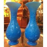 A PAIR OF LARGE BLUE BOHEMIAN GLASS VASES, WITH IVY AND FOLIATE DECORATION