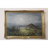 A LARGE GILT FRAMED OIL ON CANVAS OF A COUNTRY LANDSCAPE WITH A BARN SIGNED AM TONY 90 CM BY 60 CM