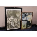 TWO UNFRAMED MOUNTED PRINTS, TO INCLUDE A FRENCH EXAMPLE, TOGETHER WITH A CARTOON PAINTING OF A