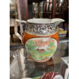 A GOOD EXAMPLE OF A LATE 18TH CENTURY STAFFORDSHIRE POTTERY JUG, depicting a dandy in yellow knee br