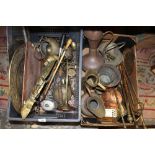 TWO BOXES OF ASSORTED METALWARE TO INCLUDE ANTIQUE BRASS FIRE IRONS AND A HAMMERED FINISH COPPER