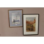 TWO FRAMED AND GLAZED WATERCOLOURS OF A GALLEON AT SEA AND A COURTYARD SCENE INITIALLED JSC LOWER