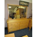 A MODERN LIGHT OAK SIX DRAWER CHEST, H-75 W-149 CM WITH A MODERN LARGE MIRROR (2)