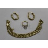 A SILVER GILT CURB LINK CHAIN, PAIR OF EARRINGS AND DRESS RING APPROX WEIGHT - 39.8G