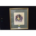 A GILT FRAMED WATERCOLOUR STILL LIFE STUDY OF FRUIT BY CHRISTOPHER HUGHES 1983 - 22CM BY 18 CM