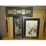 A FRAMED CHINESE SILKWORK DEPICTING BIRDS 50 X 34 CM TOGETHER WITH ANOTHER EASTERN PICTURE AND AN