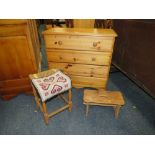 A PINE FOUR DRAWER CHEST, STOOL AND WICKER STOOL (3)