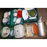 A MIXTURE OF ENAMEL KITCHEN ITEMS TO INCLUDE A BREAD BIN POTS ETC