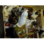 TWO TRAYS OF ASSORTED CERAMIC AND OTHER FIGURES TO INCLUDE FOUR LARGE SEATED CAT FIGURES