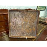 A JAPANESE RECTANGULAR CARVED SYCAMORE TRAY WITH IRISES - REPUTABLY RETAILED BY LIBERTY'S