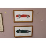 TWO FRAMED AND GLAZED PRINTS OF CLASSIC RACE CARS TO INCLUDE A MASERATI 250 F