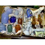 A TRAY OF ASSORTED CANDLE STICKS TOGETHER WITH A SMALL TRAY OF STONEWARE VASES