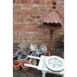 A MIXTURE OF GARDEN ORNAMENTS ETC TO INC POTS AND A FEEDER STAND - SOME AS FOUND