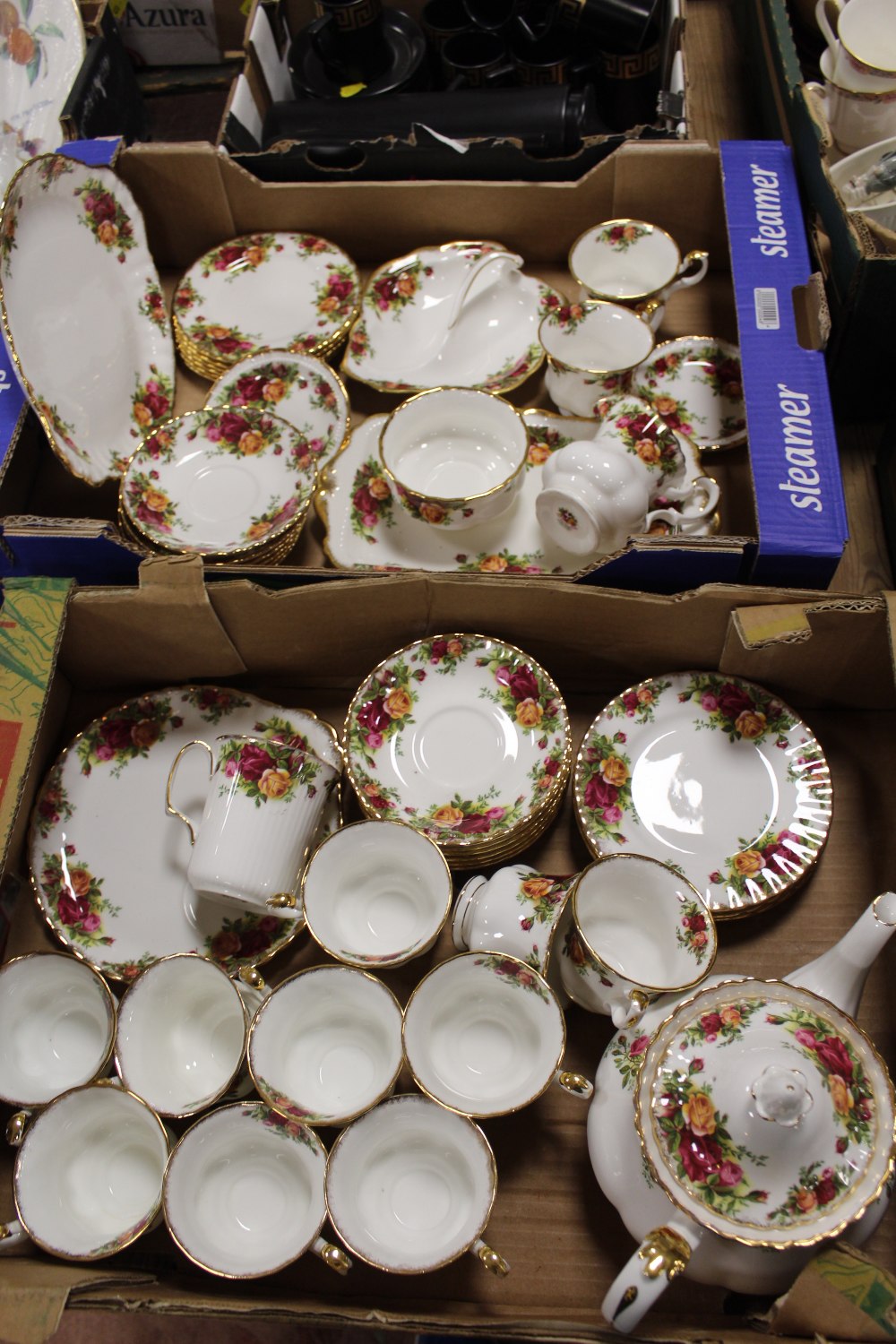 TWO TRAYS OF ROYAL ALBERT OLD COUNTRY ROSES CHINA, TO INCLUDE TEAPOT, TRIOS ETC.