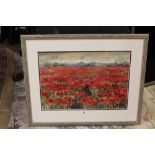 MODERN FRAMED AND GLAZED OIL ON BOARD OF A POPPY FIELD, INDISTINCTLY SIGNED LOWER RIGHT - 49CM X