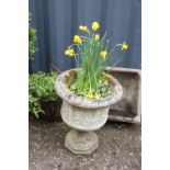 A PLANTER ON BASE WITH CONTENTS TOGETHER WTIH A HANGING BASKET AND PLANTER TOP