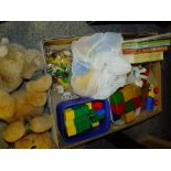 A BOX OF CHILDRENS TOYS TO INCLUDE WOODEN BUILDING BLOCKS