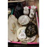 A TRAY OF CERAMICS AND GLASSWARE TO INCLUDE AYNSLEY