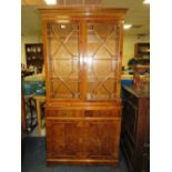 A REPRODUCTION YEW WOOD DISPLAY BOOKCASE, H 184 CM, W 91 CM