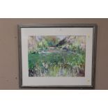 A LARGE FRAMED AND GLAZED IMPRESSIONIST WATERCOLOUR OF A LANDSCAPE SIGNED BAMFORD LOWER RIGHT 67