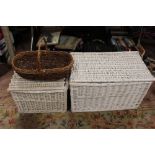 TWO WICKER LIDDED BASKETS TOGETHER WITH ANOTHER BASKET, LARGEST W 75 X D 45 X H 45 CM