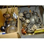 TWO BOXES OF ASSORTED METALWARE TO INCLUDE A PEWTER TEA SERVICE, WITH DAMAGES