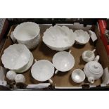 A TRAY OF WEDGWOOD AND COALPORT COUNTRYWARE CERAMICS TO INCLUDE A SMALL TEA SERVICE