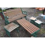 A GARDEN BENCH WITH CAST ENDS TOGETHER WITH A SMALLER BENCH SIDE TABLES ETC (5)