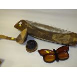 A LARGE NORTH AMERICAN WOODEN LADLE, WOODEN DOUGH BOWL, BUTTERFLY SHAPED DISH AND A HOLY LAND CARVED